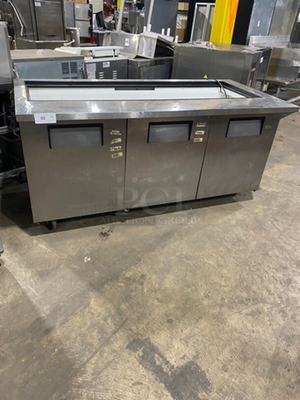 True Commercial Refrigerated Sandwich Prep Table! With 3 Door Underneath Storage Space! All Stainless Steel! On Casters! WORKING WHEN REMOVED! Model: QA7230MB SN: 13758551 115V 1 Phase