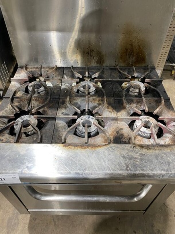 LATE MODEL! 2019 Asber Commercial Natural Gas Powered 6 Burner Stove! With Raised Back Splash And Salamander Shelf! With Oven Underneath! Metal Oven Rack! All Stainless Steel! On Casters! WORKING WHEN REMOVED! - Image 5 of 11
