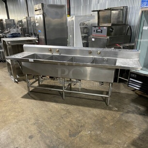 Southern Heavy Duty 4 Compartment Stainless Commercial 4 Compartment Dish Washing Sink! With Dual Side Drain Board! With Back Splash! All Stainless Steel! On Legs!