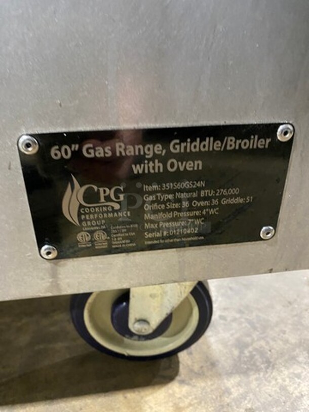 FAB! CPG Commercial Natural Gas Powered 6 Burner Stove With Right Side Flat Griddle And Cheese Melter Combo! Griddle Has Side Splashes! With Raised Back Splash And Salamander Shelf! With 2 Oven Underneath! Metal Oven Racks! All Stainless Steel! On Casters! SN: 01210402 - Image 11 of 12