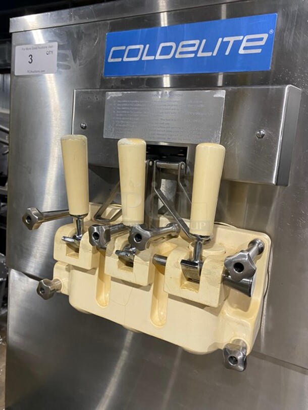 Coldelite Commercial 3 Handle Soft Serve Ice Cream Machine! All Stainless Steel! On Casters! Model: UF820 SN:225881 208V 3PH - Image 5 of 11
