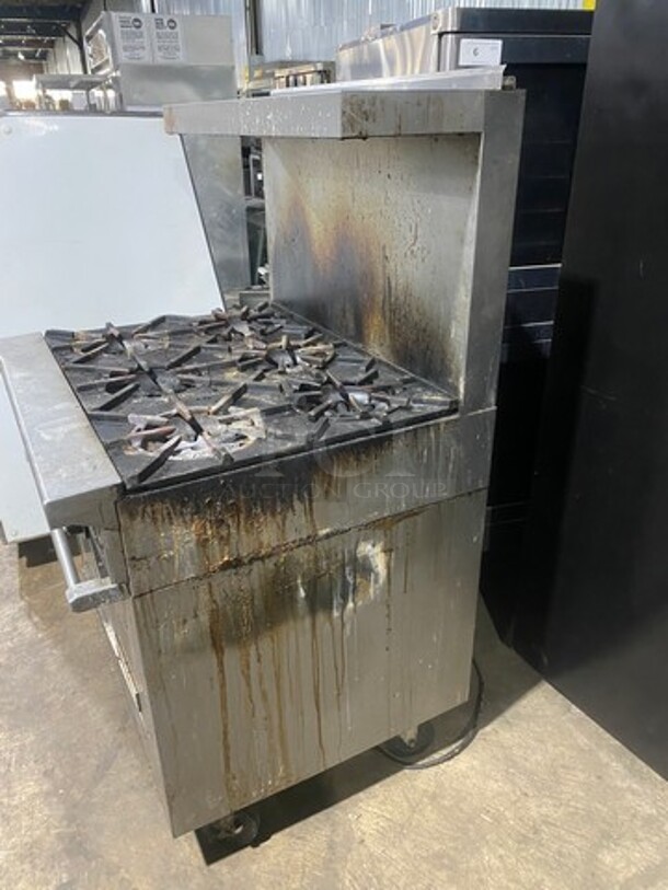 Garland Commercial Natural Gas Powered 6 Burner Stove! With Raised Backsplash & Overhead Salamander Shelf! With Convection Oven Underneath! All Stainless Steel! Model H286RC Serial 0303RG0779! On Casters! WORKING WHEN REMOVED! - Image 2 of 12