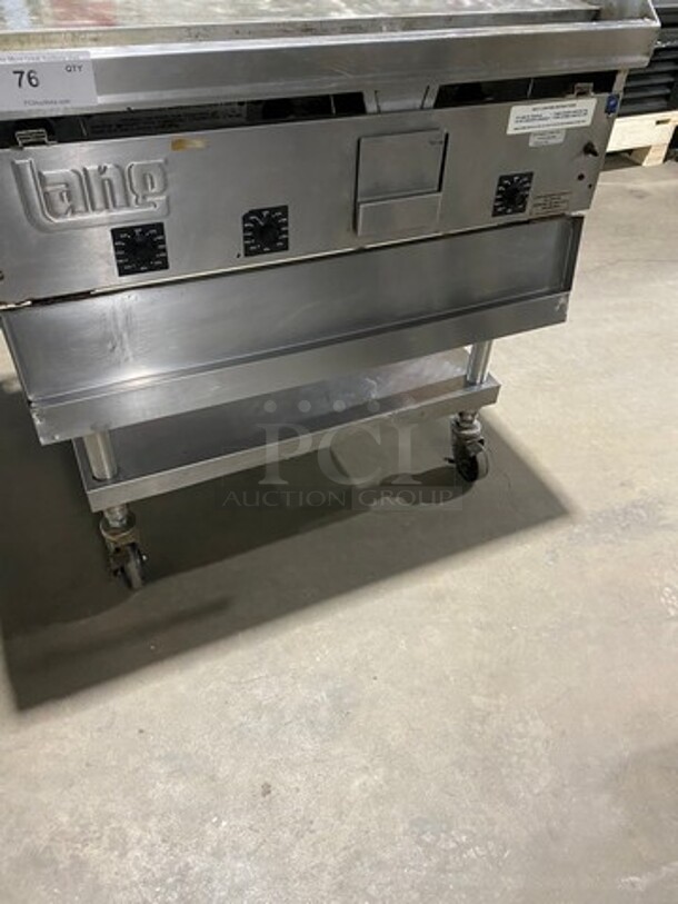 Lang Commercial Countertop Natural Gas Powered Flat Top Griddle! With Back And Side Splashes! On Equipment Stand! With Storage Space Underneath! All Stainless Steel! On Casters! SELECTRONIC SERIES! Model: G3EI SN: E76955 - Image 6 of 11
