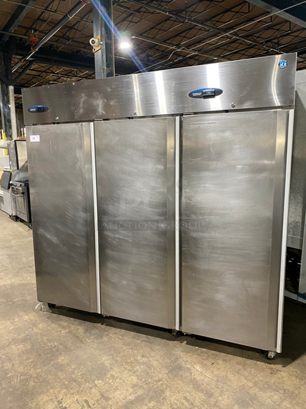 Hoshizaki Commercial 3 Door Reach In Refrigerator! With Poly Coated Racks! Solid Stainless Steel! On Casters! Model: CR3SFS SN: FF70135G 115V 60HZ 1 Phase