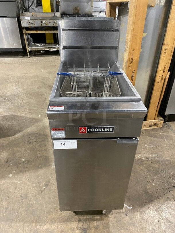 Cookline Commercial Natural Gas Powered Deep Fat Fryer! All Stainless Steel! With Backsplash! With Two Frying Baskets! On Legs! Model: CF-50 SN: 2207018048! - Image 1 of 9
