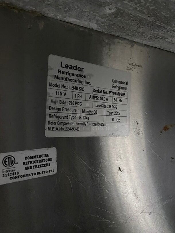 NICE! Leader Commercial Refrigerated 2 Door Lowboy/Worktop Cooler! All stainless Steel! With Metal Rack! On Casters! 115V 1 Phase! Model: LB48 S/C SN: PY08M0308! - Image 7 of 8