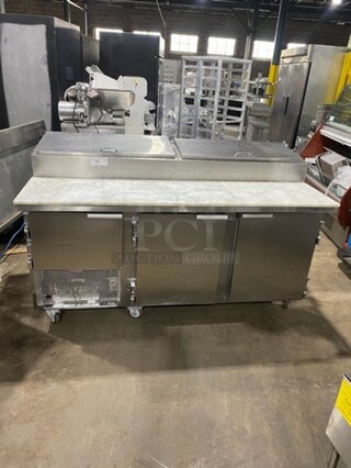 Leader Commercial Refrigerated Marble Top Pizza Prep Table! With 3 Door Underneath Storage Space! All Stainless Steel! On Casters! Model: PT72 SN: NG120598 115V 60HZ 1 Phase