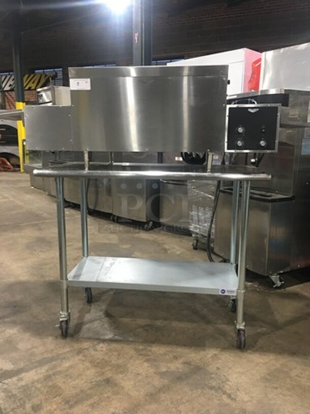 AMAZING! LATE MODEL! Vollrath Commercial Countertop Electric Powered Conveyor Pizza/ Baking Oven! On Legs! On Equipment Stand! With Storage Space Underneath! All Stainless Steel! On Casters! Model: JPO18 SN: L06001389542001 240V! Working When Removed!