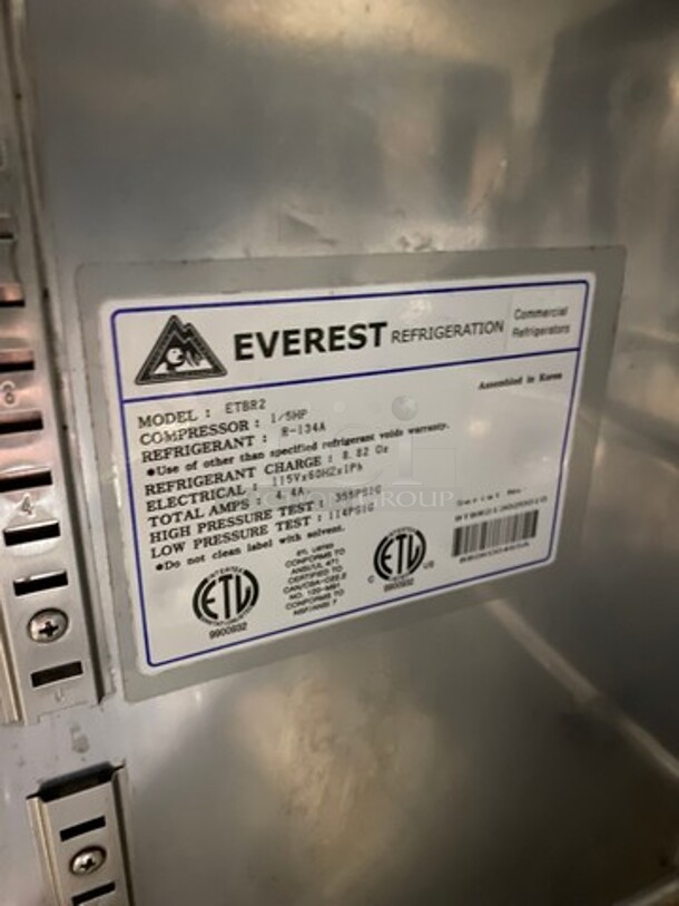Everest Commercial 2 Door Lowboy/ Worktop Cooler! All Stainless Steel! On Casters! Model: ETBR2 SN: BTBR213020010 115V 60HZ 1 Phase - Image 7 of 8