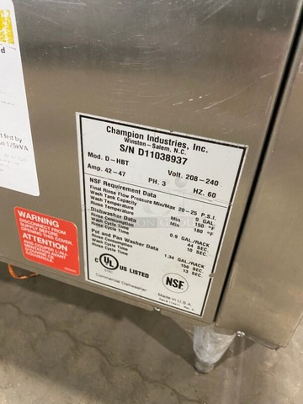 Champion Commercial Pass-Through Dishwasher Machine! All Stainless Steel! On Legs! Model: DHBT SN: D11038937! 208/240V 60HZ 3 Phase! - Image 7 of 8