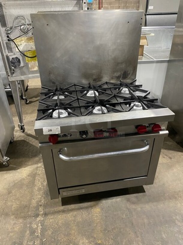 SWEET! Vulcan Commercial Natural Gas Powered 6 Burner Range! With Full Size Oven Underneath! With Raised Backsplash! All Stainless Steel! On Legs!