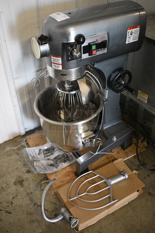 BRAND NEW! Avantco Model MX20 Metal Commercial Countertop 20 Quart Planetary Dough Mixer w/ Stainless Steel Mixing Bowl, Bowl Guard, Dough Hook, Paddle and Whisk Attachments. 120 Volts, 1 Phase. 16x22x31. Tested and Working!