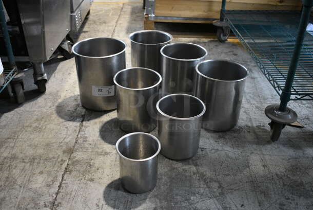 7 Various Stainless Steel Cylindrical Drop In Bins. Includes 10x10x11. 7 Times Your Bid!