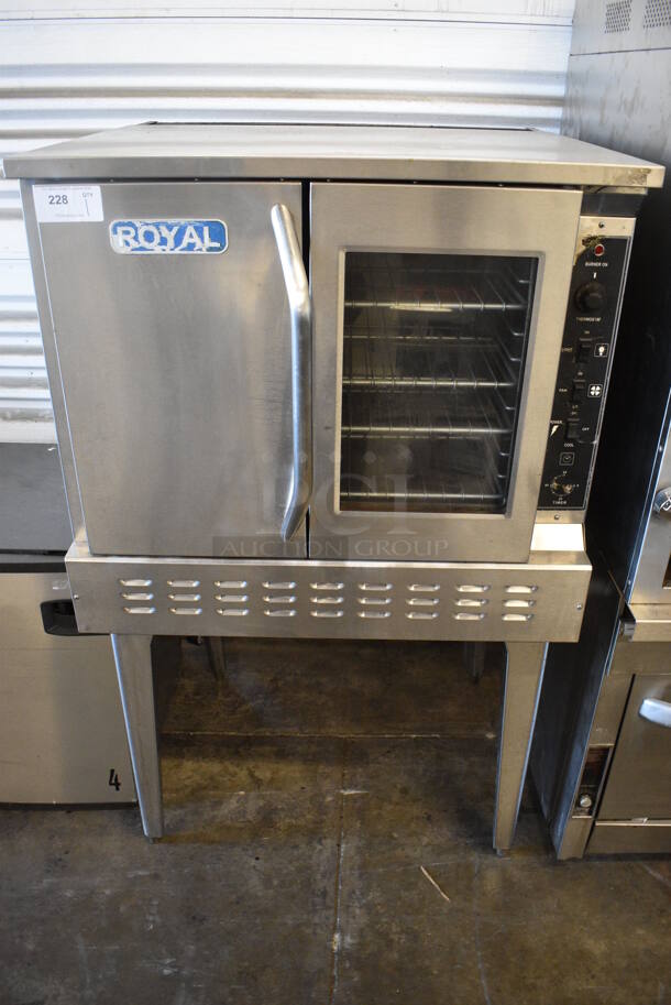 Royal RCOS-1 Stainless Steel Commercial Natural Gas Powered Full Size Convection Oven w/ View Through Door, Solid Door and Metal Racks on Metal Legs. 38x38x63