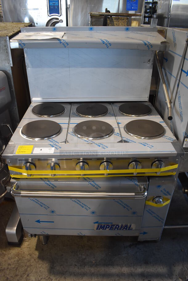 BRAND NEW SCRATCH AND DENT! Imperial IR-6-E Stainless Steel Commercial Electric Powered 6 Burner Hot Plate Range w/ Oven, Over Shelf and Back Splash. 240 Volts, 1 Phase. 36x31x55