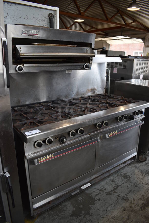 Garland Stainless Steel Commercial Natural Gas Powered 10 Burner Range w/ 2 Ovens, Cheese Melter, Over Shelf and Back Splash. 60x33x68