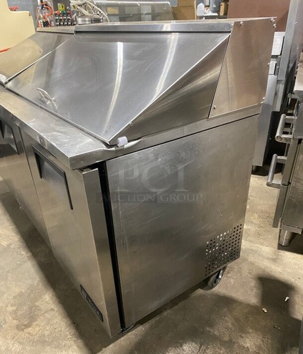 True Commercial Refrigerated Mega Top Sandwich Prep Table! With 3 Door Storage Space Underneath! Poly Coated Racks! All Stainless Steel! On Casters! Model: TSSU7218 SN: 14477571! 115V 60HZ 1 Phase! - Image 2 of 9