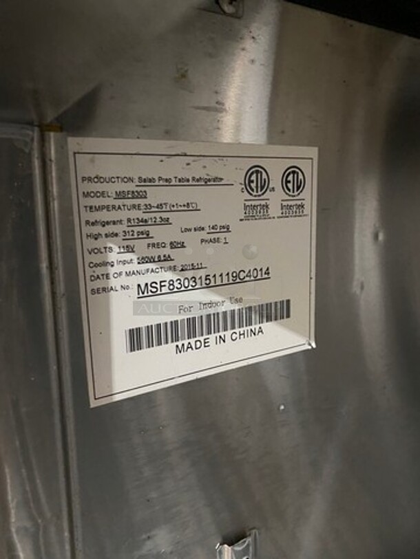 Atosa Commercial Refrigerated Sandwich Prep Table! With 2 Door Underneath Storage Space! Poly Coated Racks! All Stainless Steel! On Casters! Model: MSF8303 SN: MSF8303151119C4014 - Image 7 of 9