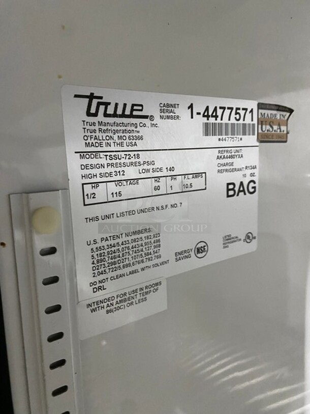 True Commercial Refrigerated Mega Top Sandwich Prep Table! With 3 Door Storage Space Underneath! Poly Coated Racks! All Stainless Steel! On Casters! Model: TSSU7218 SN: 14477571! 115V 60HZ 1 Phase! - Image 8 of 9
