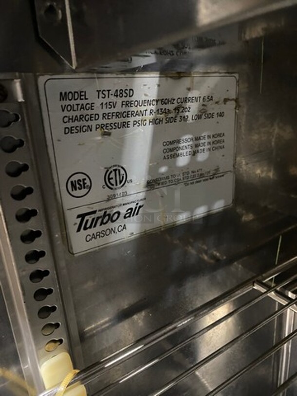 Turbo Air Commercial Refrigerated Sandwich Prep Table! With 2 Door Storage Space Underneath! All Stainless Steel! On Casters! Model: TST48SD 115V 60HZ 1 Phase - Image 8 of 10