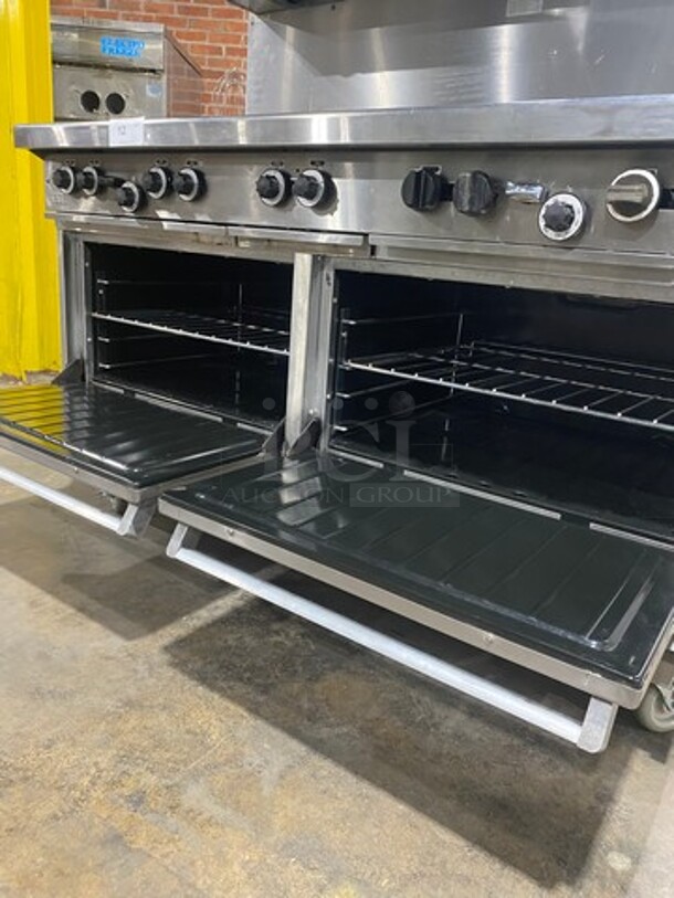 Amaizing! Garland Natural Gas Powered 10 Burner Stove! With 2 Ovens! With Metal Oven Racks! With Raised Back Splash & Salamander! Stainless Steel! On Casters! Working When Removed! - Image 7 of 10