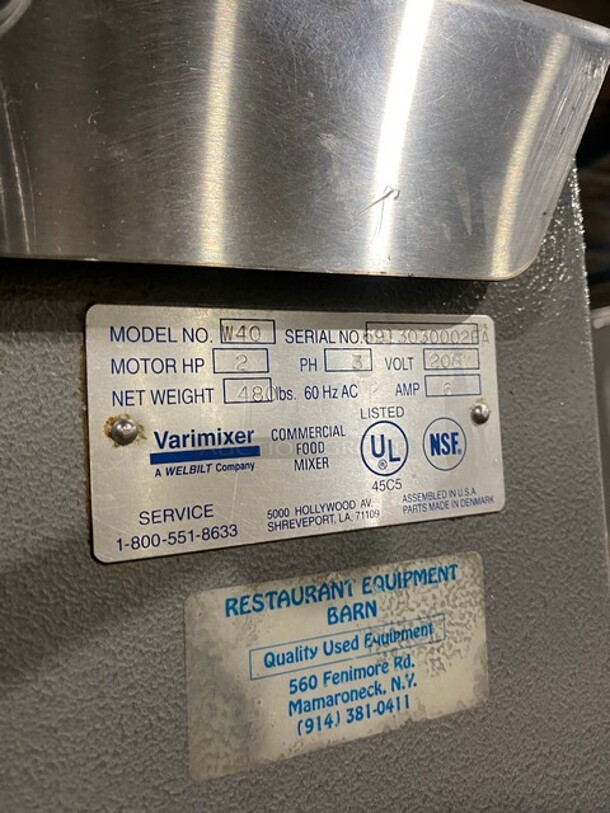 NICE! Welbilt Varimixer Commercial 40 Qt Planetary Mixer! With Mixing Bowl And Hook Attachment! Model: W40 SN: 6913030002EA 208V 3 Phase - Image 8 of 9