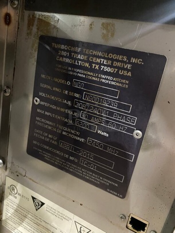 LATE MODEL! 2015 Turbo Chef Commercial Countertop Rapid Cook Oven! On Small Legs! Model: NGO SN: NGOD19239 208/240V 60HZ 1 Phase - Image 5 of 8