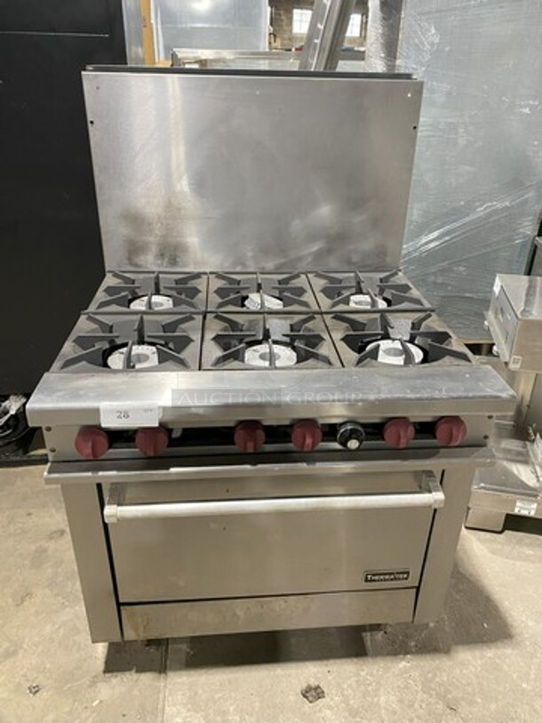 Nice! 2016 Therma Tek Natural Gas Powered 6 Burner Range! With Full Size Oven Underneath! With Raised Back Splash! Model TMD36-6-1N! On Commercial Casters! Working When Removed! 