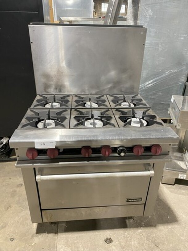 Nice! 2016 Therma Tek Natural Gas Powered 6 Burner Range! With Full Size Oven Underneath! With Raised Back Splash! Model TMD36-6-1N! On Commercial Casters! Working When Removed!  - Image 1 of 9