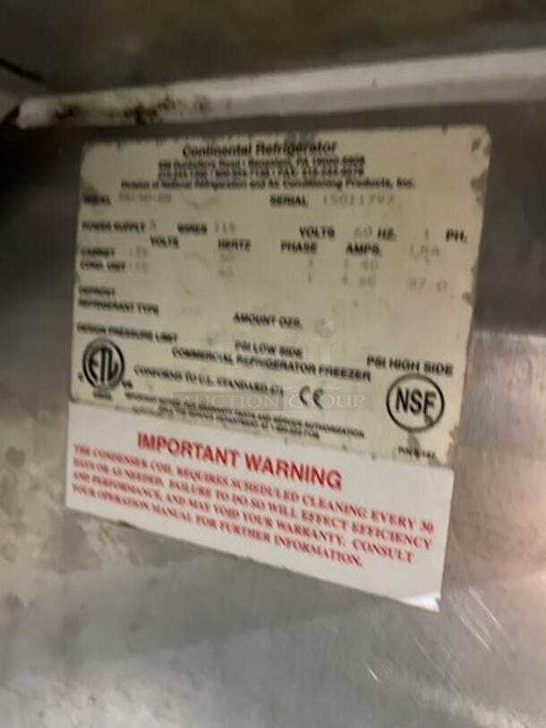 Continental Commercial 2 Door Bar Back Cooler! With Poly Coated Racks! All Stainless Steel! WORKING WHEN REMOVED! Model: BBC50SS SN: 15011797 115V 60HZ 1 Phase - Image 7 of 8