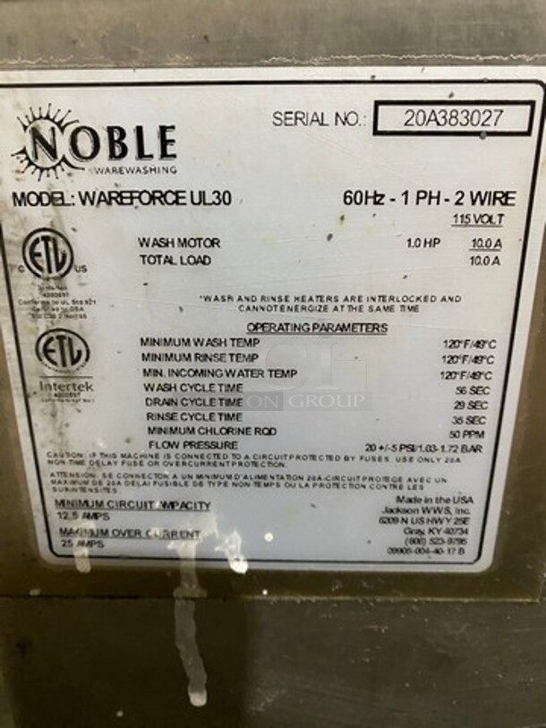 Noble Commercial Undercounter Dishwasher! All Stainless Steel! Model: WAREFORCEUL30 SN: 20A383027 115V 60HZ 1 Phase - Image 7 of 9
