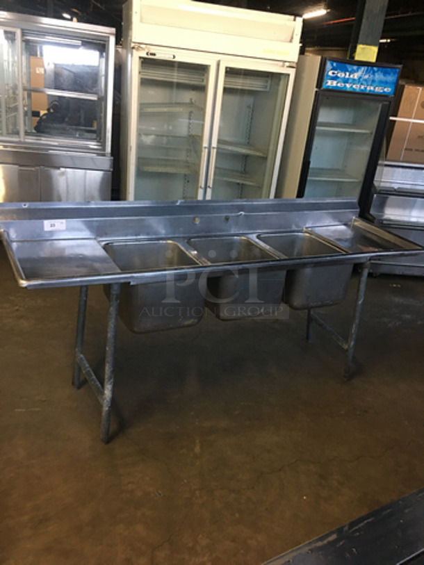 SWEET! Stainless Steel Commercial 3 Bay Sink With Dual Drain Boards! On Legs!