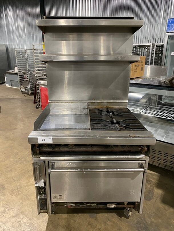 Jade Range Heavy Duty 2 Burner Gas Range With Griddle On Left Side, And Oven Underneath! With Raised Back Splash Double shelf! Stainless Steel! On Commercial Casters! Working When Removed!