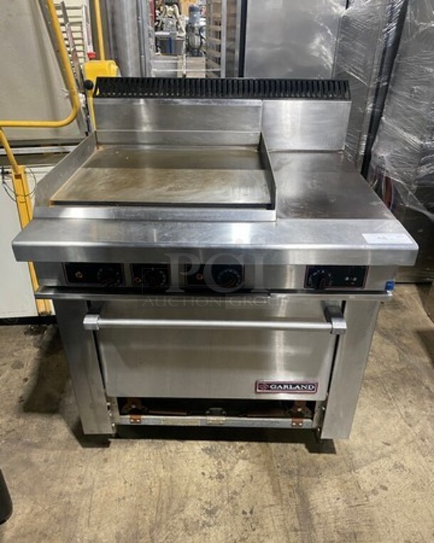 NICE! Garland Commercial Electric Powered Flat Griddle With Right Side Hot Plate! Griddle Has Side Splashes! With Back Splash! With Oven Underneath! All Stainless Steel! On Legs! WORKING WHEN REMOVED! Model: S6861R24L SN: 0009RE087R 208V 60HZ 3 Phase - Image 1 of 12