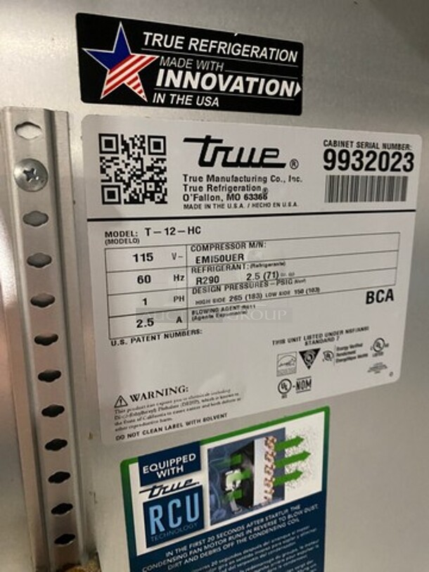 True Single Door Commercial Refrigerator! All Stainless Steel! Model T12HC Serial 9932023! 115V 1Phase! - Image 7 of 8