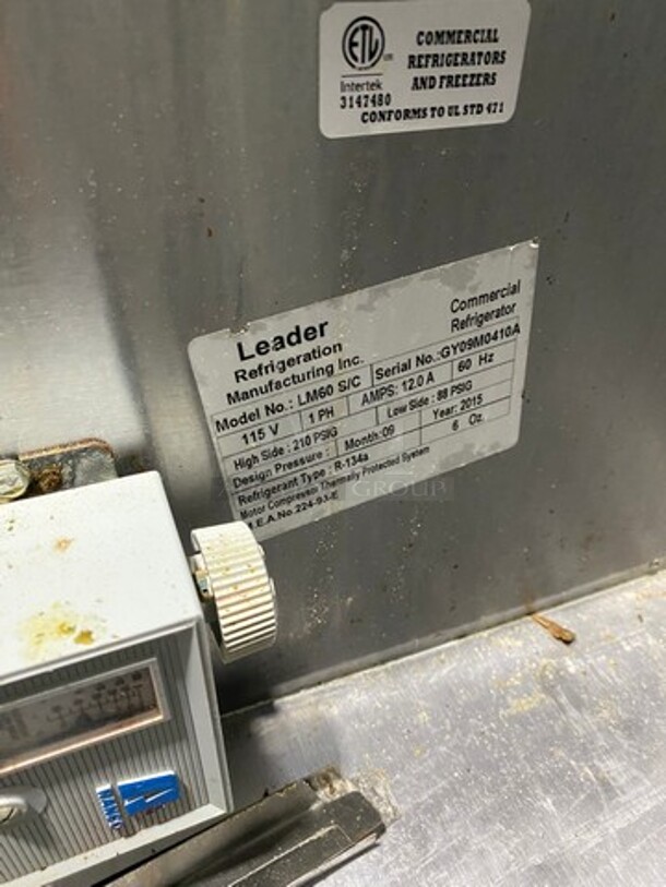 Leader Commercial Refrigerated Sandwich Prep Table! With 3 Door Storage Space Underneath! Poly Coated Racks! With Rear View Through Window! All Stainless Steel! On Casters! Model: LM60SC SN: GY09M0410A 115V 60HZ 1 Phase - Image 6 of 7