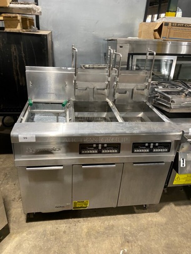 Frymaster Commercial Natural Gas Powered 2 Bay Deep Fat Fryer! With Side Dumping Station! With Back Splash! All Stainless Steel! On Casters! Model: FMP245EBLCSC SN: 0507GI0005