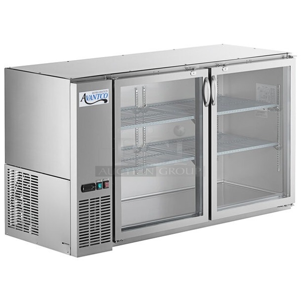 BRAND NEW SCRATCH & DENT! Avantco UBB-60-GT-G-S 60" Stainless Steel Underbar Height Narrow Glass Door Back Bar Refrigerator with Galvanized Top and LED Lighting. Door hinges need to be adjusted. Tested. WORKS PERFECT!!  - Image 1 of 10