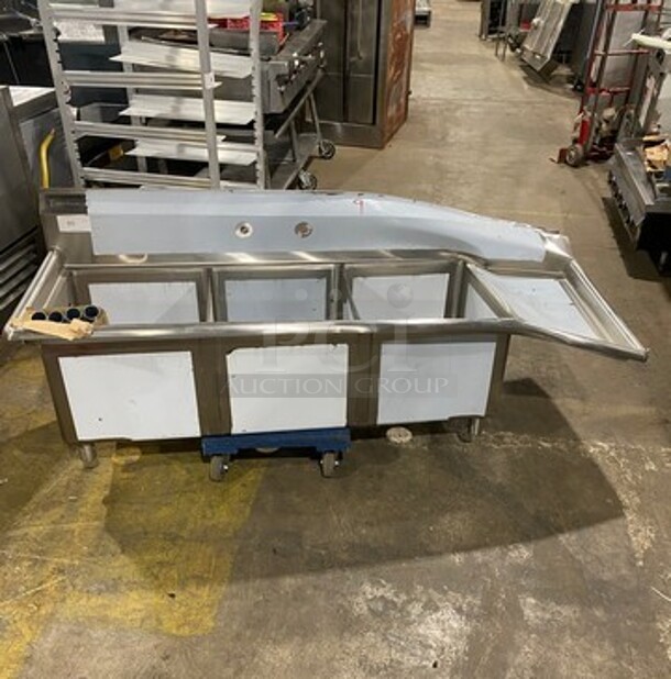 NEW! SCRATCH-N-DENT! Sapphire Commercial 3 Compartment Dish Washing Sink! With Single Side Drain Board! With Back Splash! All Stainless Steel! Model: SMS31821R - Image 1 of 10