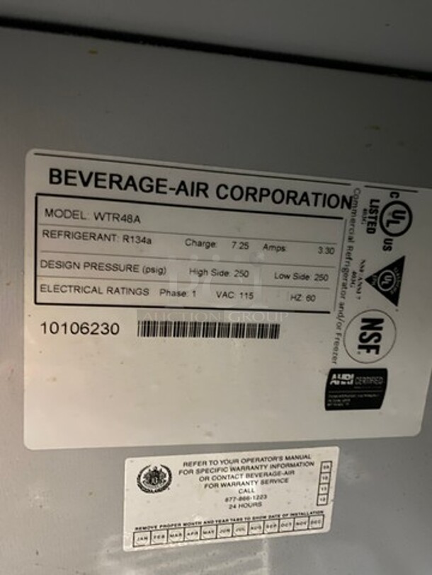Beverage Air Commercial 2 Door Lowboy/Worktop Cooler! All Stainless Steel! On Casters! Model: WTR48A SN: 10106230 115V 60HZ 1 Phase - Image 6 of 8