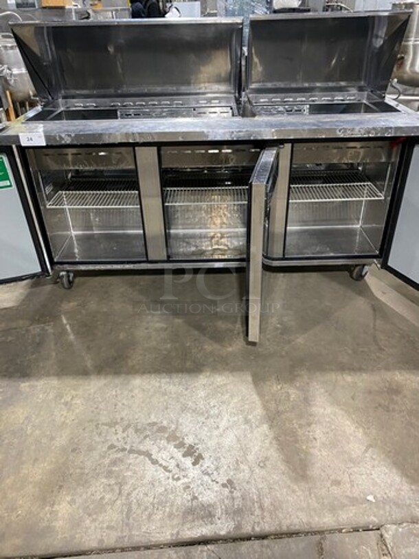 Turbo Air Commercial Refrigerated Sandwich Prep Table! With 3 Door Storage Space Underneath! Poly Coated Racks! All Stainless Steel! On Casters! Model: MST7230 SN: MM7T808001 115V 60HZ 1 Phase - Image 5 of 9