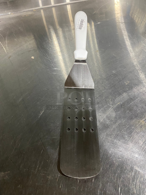 NEW! Stainless Steel Perforated Spatulas! With White Plastic Handle! 3x Your Bid! - Image 2 of 5