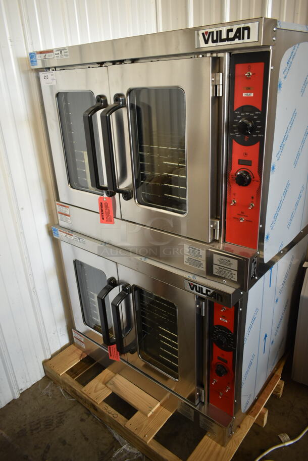 2 BRAND NEW SCRATCH AND DENT! Vulcan VC5ED ENERGY STAR Stainless Steel Commercial Electric Powered Full Size Convection Oven w/ View Through Doors, Metal Oven Racks and Thermostatic Controls. 240 Volts, 3/1 Phase. 2 Times Your Bid! 