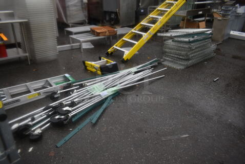ALL ONE MONEY! Lot of Various 14 Wire Shelves and Chrome Finish Poles on Casters.