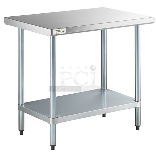BRAND NEW SCRATCH AND DENT! Regency 600TSB3072S 30" x 72" 16-Gauge Stainless Steel Commercial Work Table with 4" Backsplash and Undershelf - Image 1 of 6