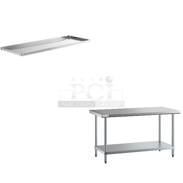 2 BRAND NEW SCRATCH AND DENT! Items; Regency 600UT3072S Adjustable Stainless Steel Work Table Undershelf for 30" x 72" Tables - 18 Gauge and Regency 600T3060G 30" x 60" 18-Gauge 304 Stainless Steel Commercial Work Table with Galvanized Legs and Undershelf. 2 Times Your Bid! May Be Missing Pieces.  - Image 1 of 4