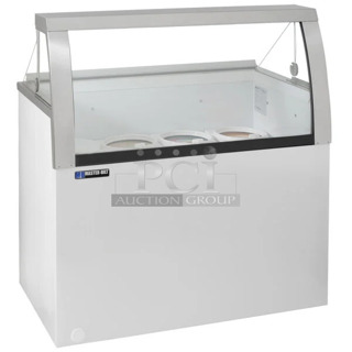 BRAND NEW SCRATCH AND DENT! Master-Bilt DD-46 LCG Metal Commercial Ice Cream Dipping Cabinet on Commercial Casters. See Pictures for Broken Glass. 115 Volts, 1 Phase. Tested and Working!