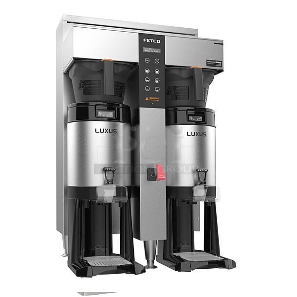 BRAND NEW SCRATCH AND DENT! Fetco CBS-1252Stainless Steel Commercial Countertop Double Coffee Machine w/ Hot Water Dispenser and 2 Poly Brew Baskets. Does Not Come w/ Air Pots. 208-240 Volts, 1 Phase. 
