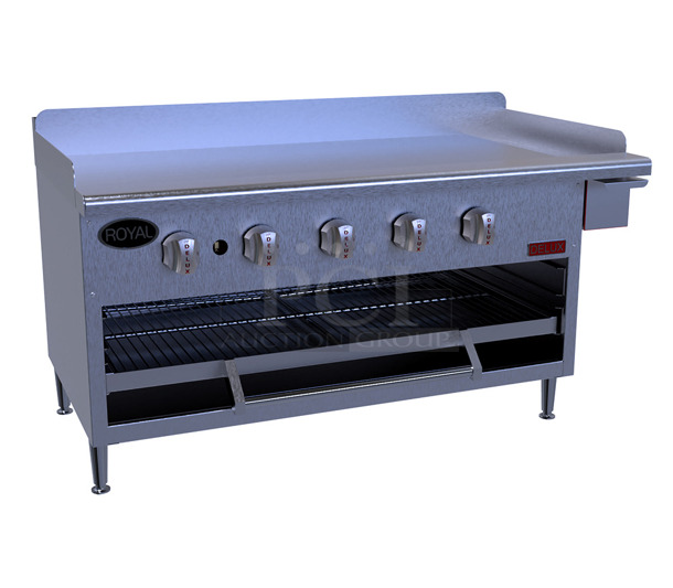 BRAND NEW! 2023 Royal GB-36 Stainless Steel Commercial Natural Gas Powered Flat Top Griddle Over Fired Broiler. 10,000 BTU. 