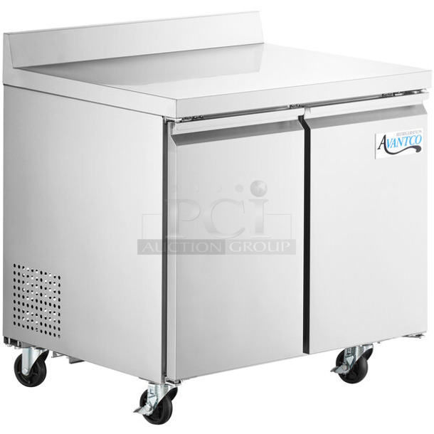 BRAND NEW SCRATCH AND DENT! 2023 Avantco 178SSWT36RHC Stainless Steel Commercial 2 Door Work Top Cooler on Commercial Casters. 115 Volts, 1 Phase. Tested and Working!